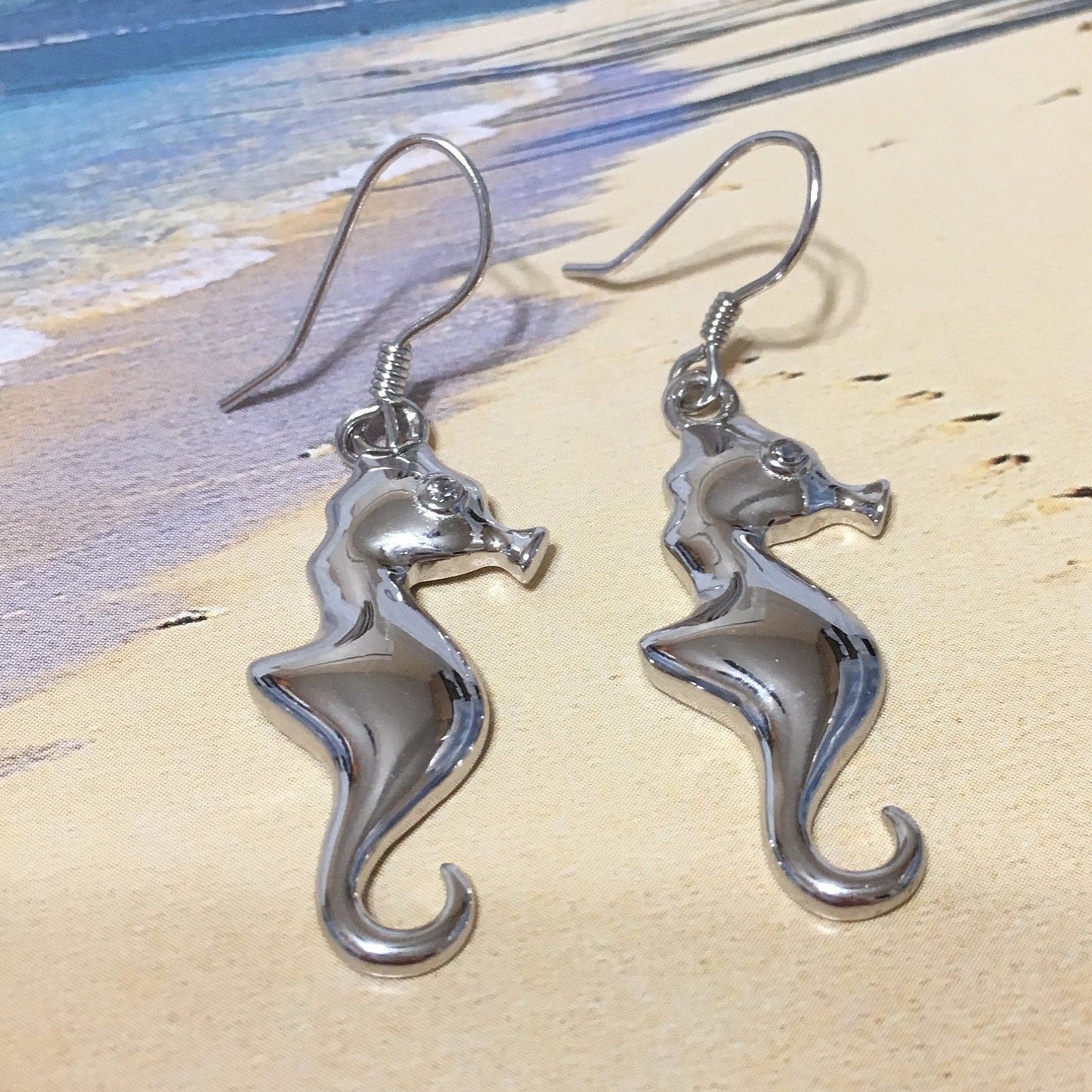 Hawaiian Large Seahorse Earrings, Sterling Silver Sea Horse Dangle Earrings, W4155 Birthday Wife Mom Mother Gift