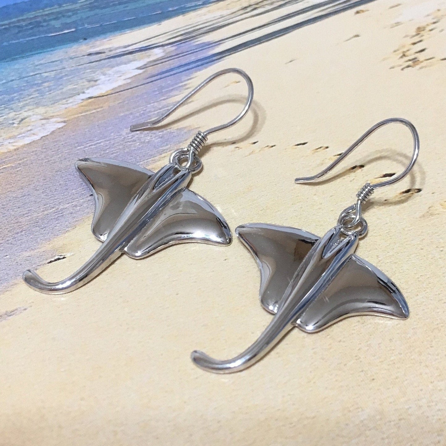 Hawaiian X-Large Stingray Earrings, Sterling Silver Sting Ray Dangle Earrings, W4153 Birthday Wife Mom Mother Gift, Island Jewelry