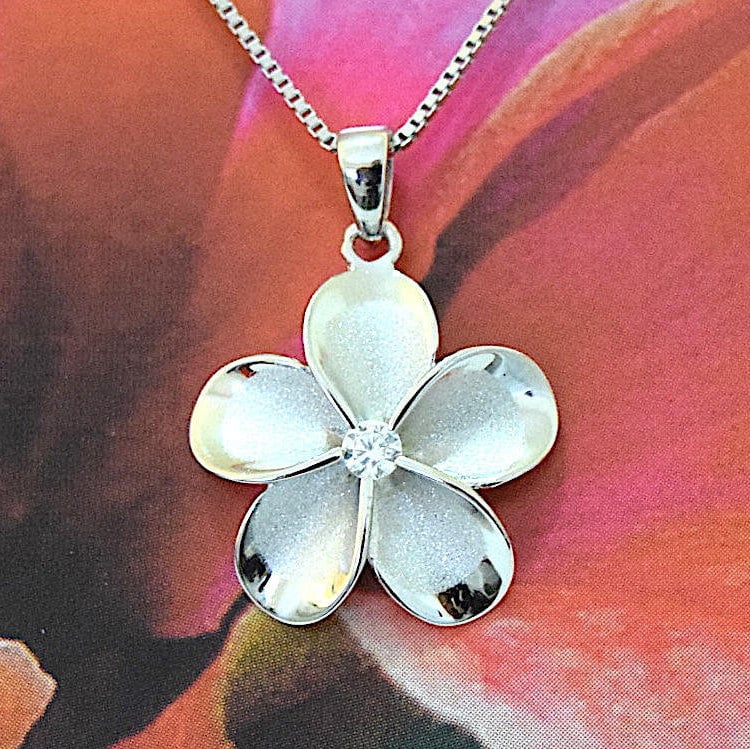 Hawaiian Plumeria Pendant, Sterling Silver Plumeria CZ Charm Pendant, Hawaiian Jewelry, Christmas Anniversary Birthday Mom Gift