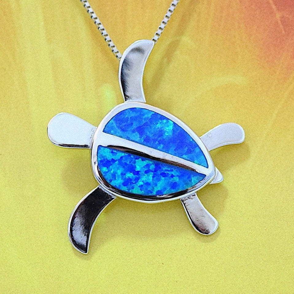 Hawaiian Large Blue Opal Sea Turtle Pendant, Sterling Silver Blue Opal Inlay Sea Turtle Pendant, Mom Christmas Birthday Gift