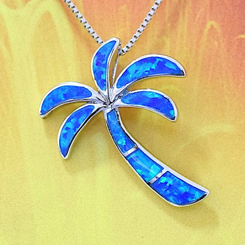 Hawaiian Large Palm Tree Pendant, Sterling Silver Blue Opal Palm Tree Pendant, Hawaiian Jewelry, Christmas Present, Birthday Gift