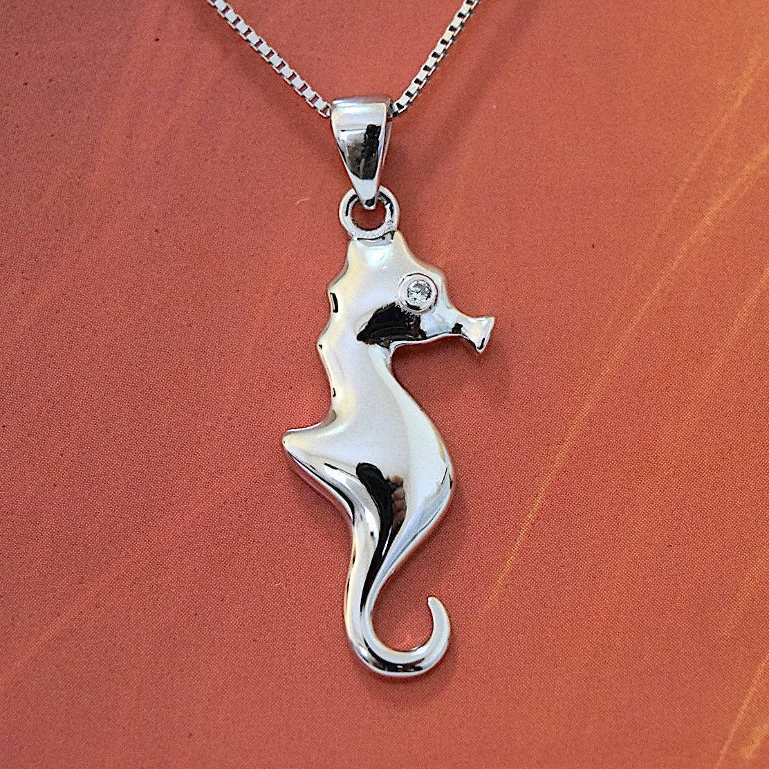 Hawaiian Seahorse Pendant, Sterling Silver Sea Horse CZ Charm Pendant, Hawaiian Jewelry, Christmas Anniversary Mom Birthday Gift