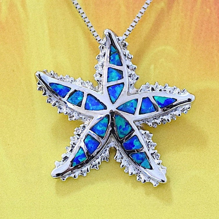Hawaiian Blue Opal Starfish Pendant, Sterling Silver Blue Opal Inlay Star Fish Pendant Hawaiian Jewelry, Christmas Birthday Mom Gift