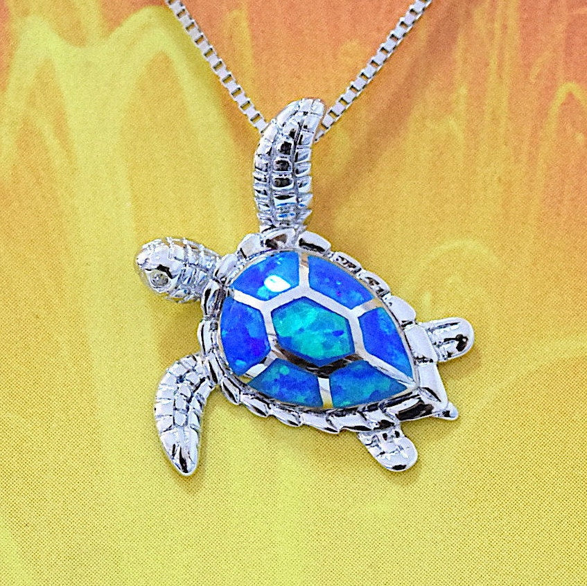 Hawaiian Blue Opal Sea Turtle Pendant, Sterling Silver Blue Opal Inlay Sea Turtle Pendant, Christmas Present, Birthday Gift