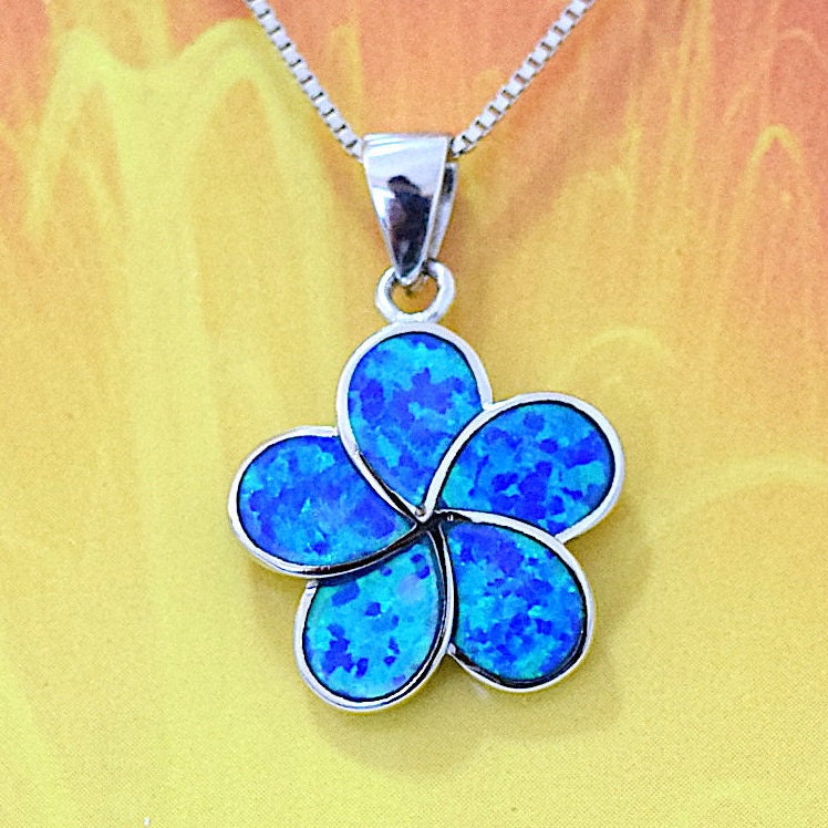 Hawaiian Blue Opal Plumeria Pendant, Sterling Silver Blue Opal Inlay Plumeria Pendant, Hawaiian Jewelry, Christmas Birthday Gift