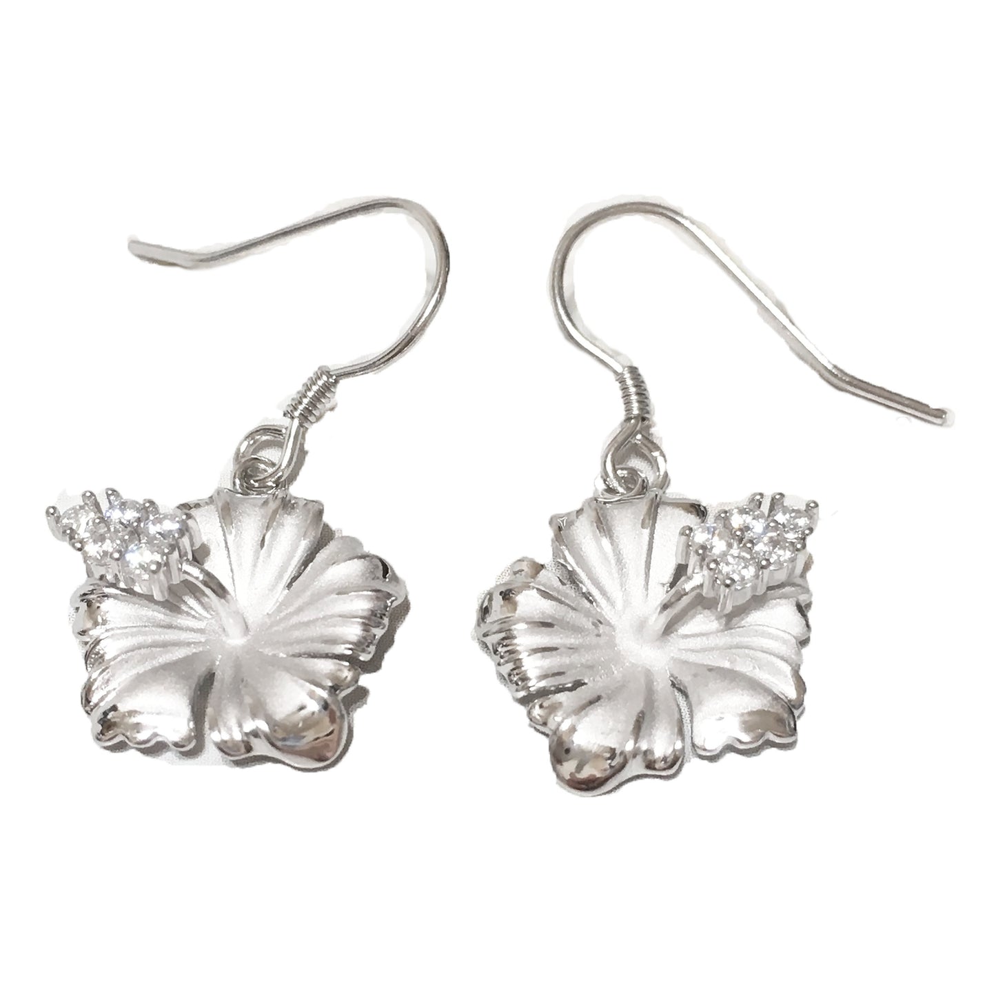 Hawaiian State Flower Hibiscus Earrings, Sterling Silver Hibiscus CZ Dangle Earrings, Christmas Anniversary Birthday Gift