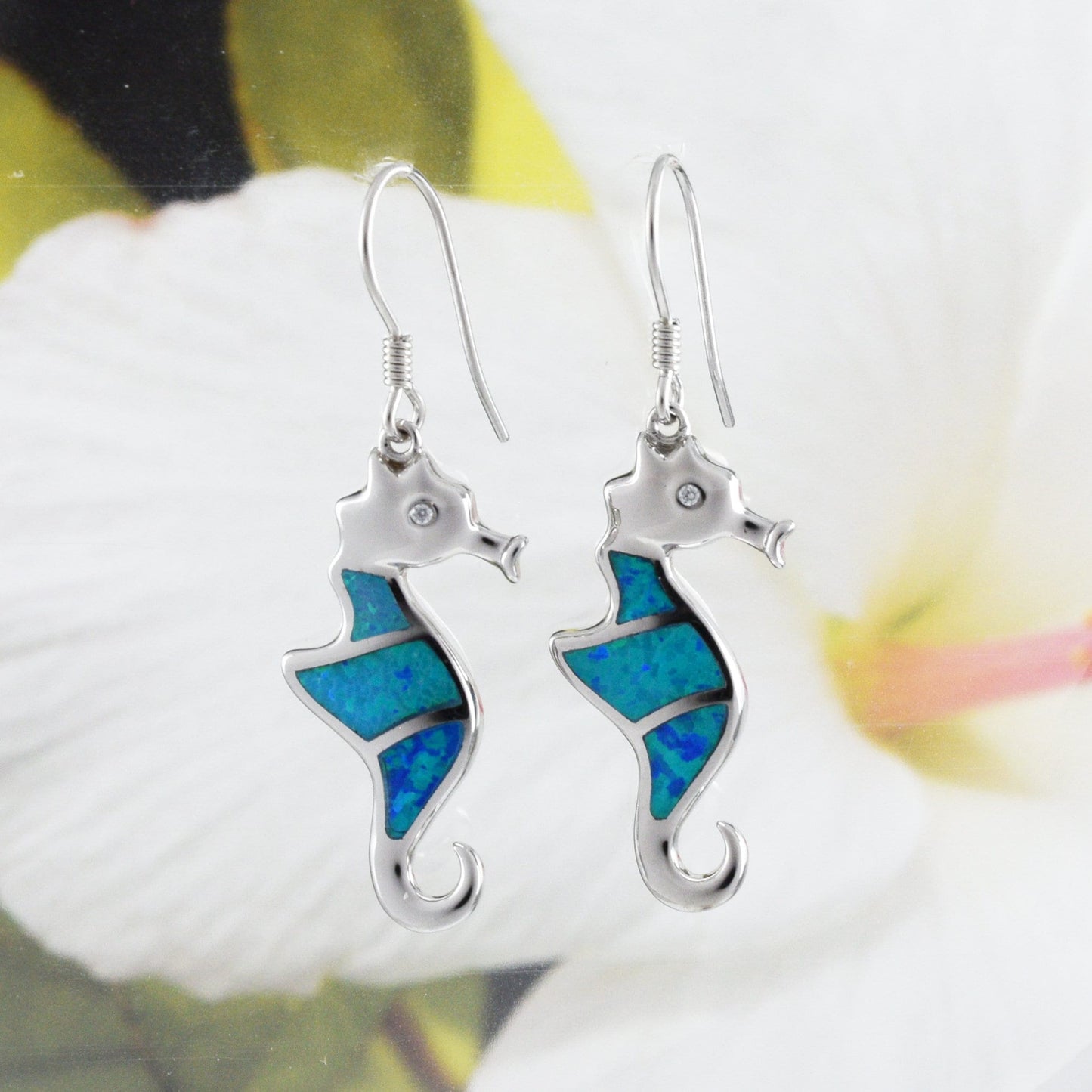 Hawaiian Large Blue Opal Seahorse Earrings, Sterling Silver Opal Sea Horse Dangle Earrings, E6167 Birthday Mother Mom Gift