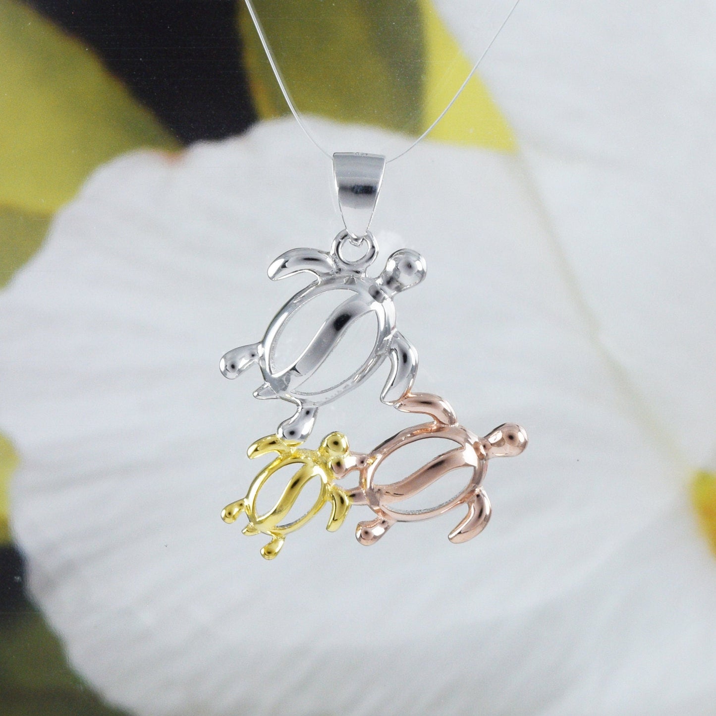 Hawaiian Tri-color Mom & 2 Baby Sea Turtle Pendant, Sterling Silver Tri-color 3 Turtle Pendant, N8549 Birthday Mother Mom Gift