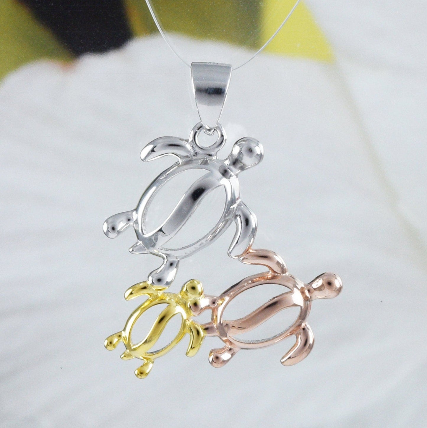 Hawaiian Tri-color Mom & 2 Baby Sea Turtle Pendant, Sterling Silver Tri-color 3 Turtle Pendant, N8549 Birthday Mother Mom Gift
