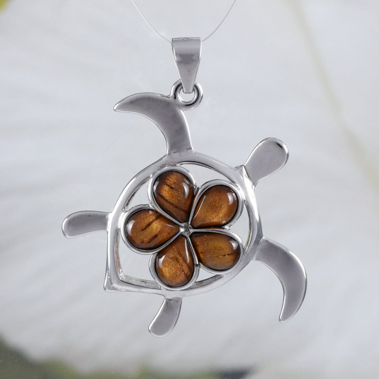 Hawaiian Large Genuine Koa Wood Sea Turtle Pendant, Sterling Silver Koa Wood Plumeria Turtle Pendant, N8506 Birthday Mom Gift