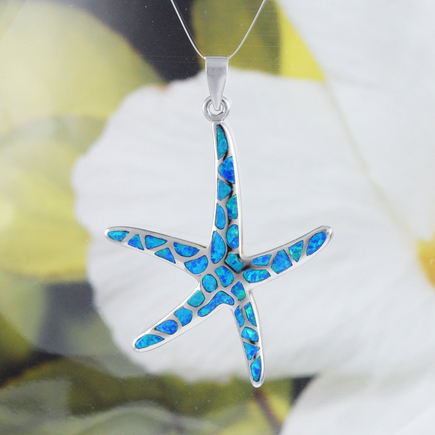 X-Large Hawaiian Blue Opal Starfish Pendant, Sterling Silver Blue Opal Star Fish Pendant, N8376 Birthday Mom Gift, Statement PC