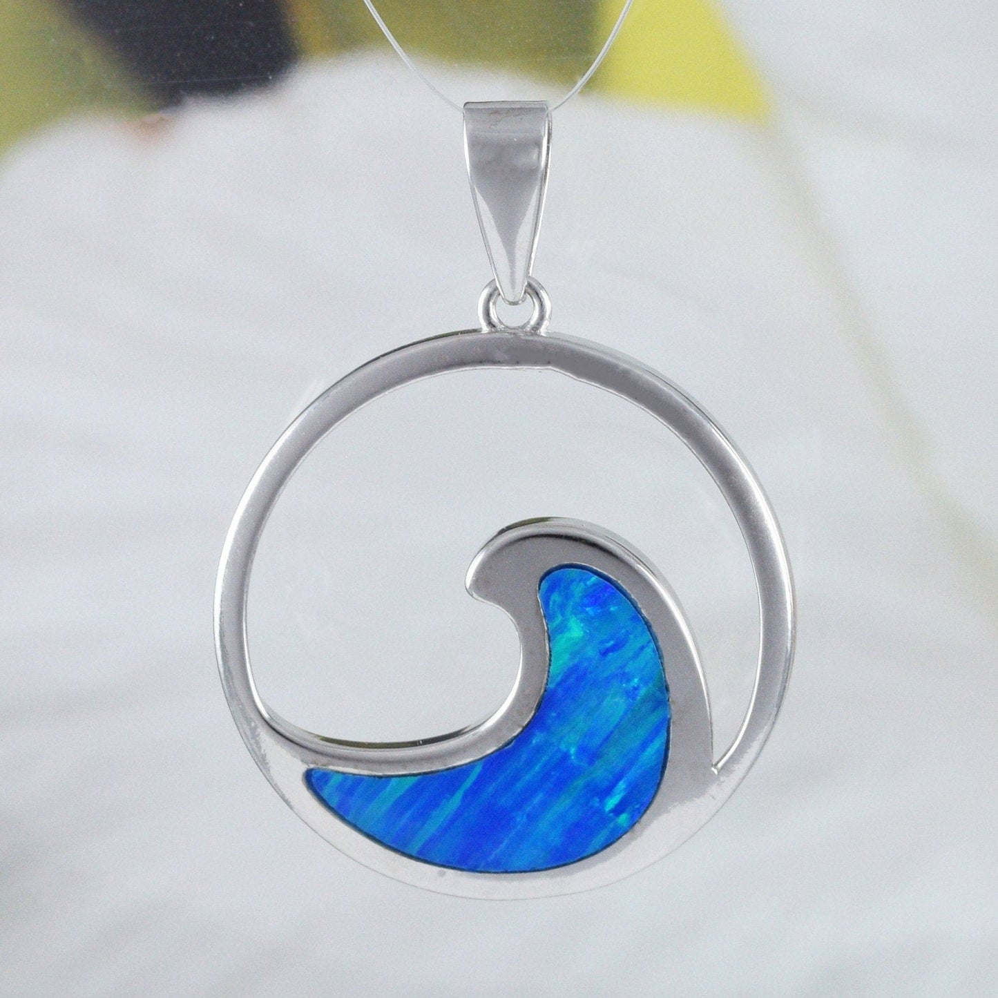 Hawaiian Large Blue Opal Ocean Wave Pendant, Sterling Silver Blue Opal Wave Pendant, N8382 Birthday Mom Mother Gift