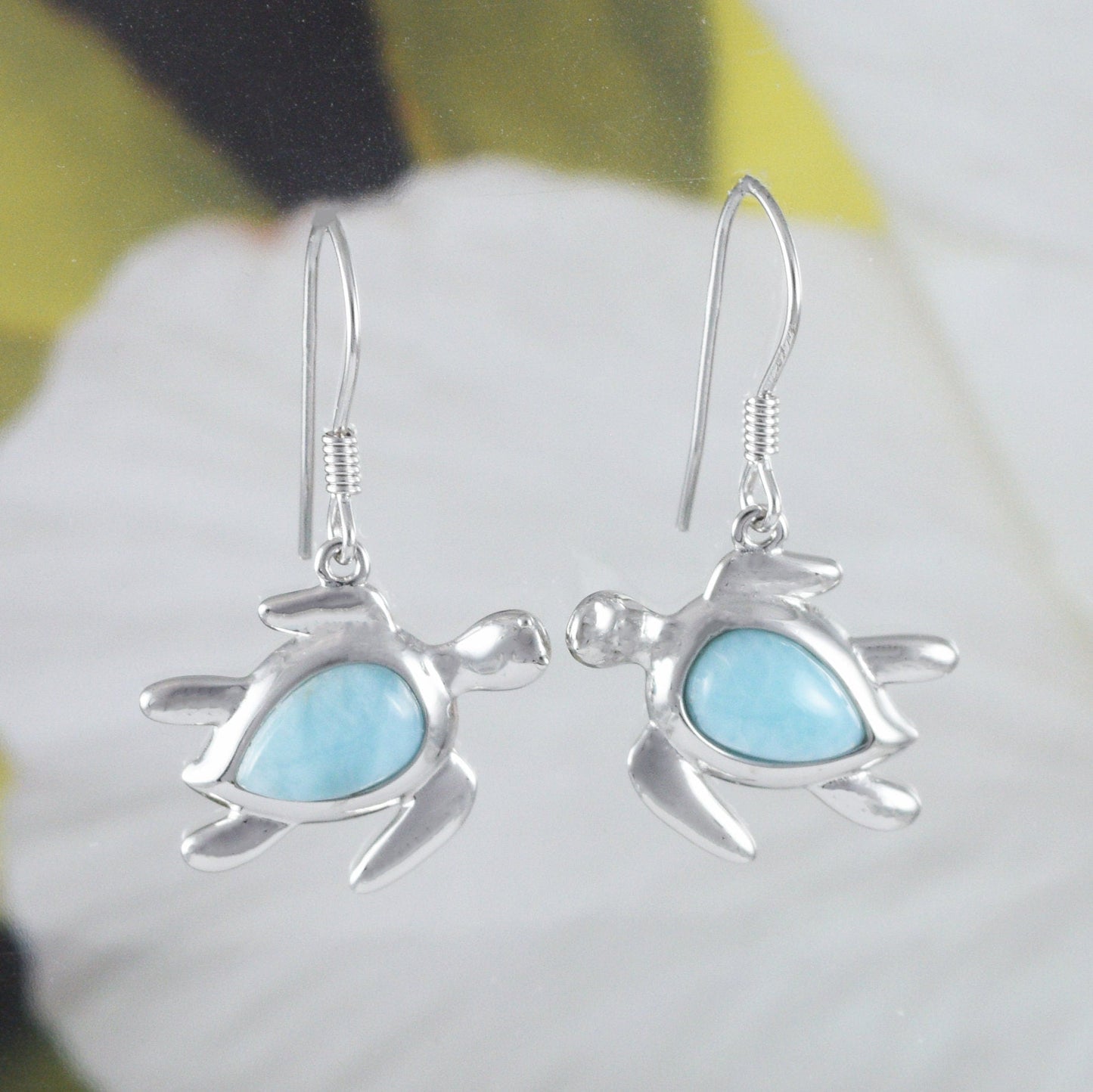 Hawaiian Genuine Larimar Sea Turtle Earrings, Sterling Silver Larimar Turtle Dangle Earrings, E8468 Birthday Wife Mom Mother Gift