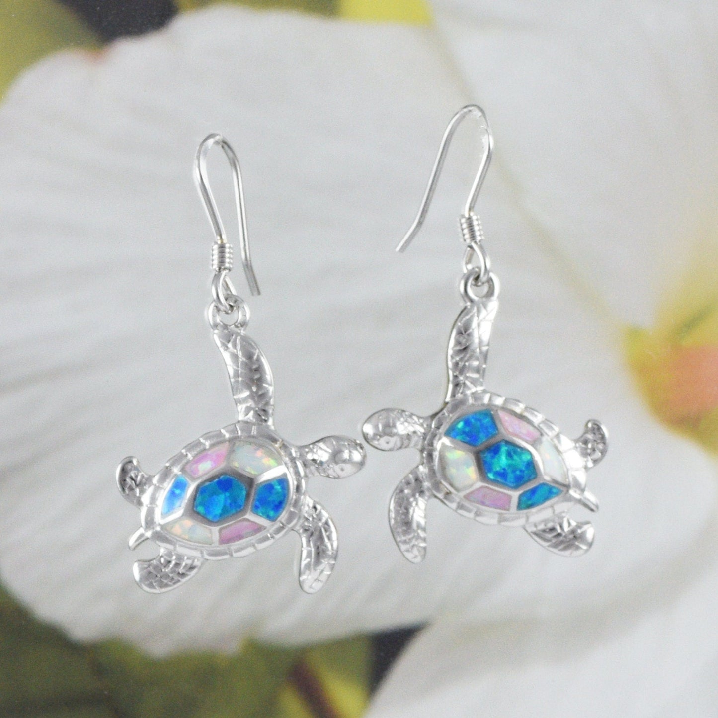 Hawaiian Large Tri-color Opal Sea Turtle Earrings, Sterling Silver Opal Turtle Dangle Earrings, E8401 Mother Birthday Mom Gift