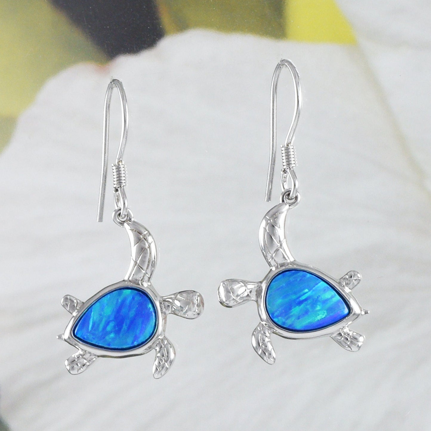 Hawaiian Blue Opal Sea Turtle Earring, Sterling Silver Blue Opal Turtle Dangle Earring, E8406 Valentine Birthday Mom Gift