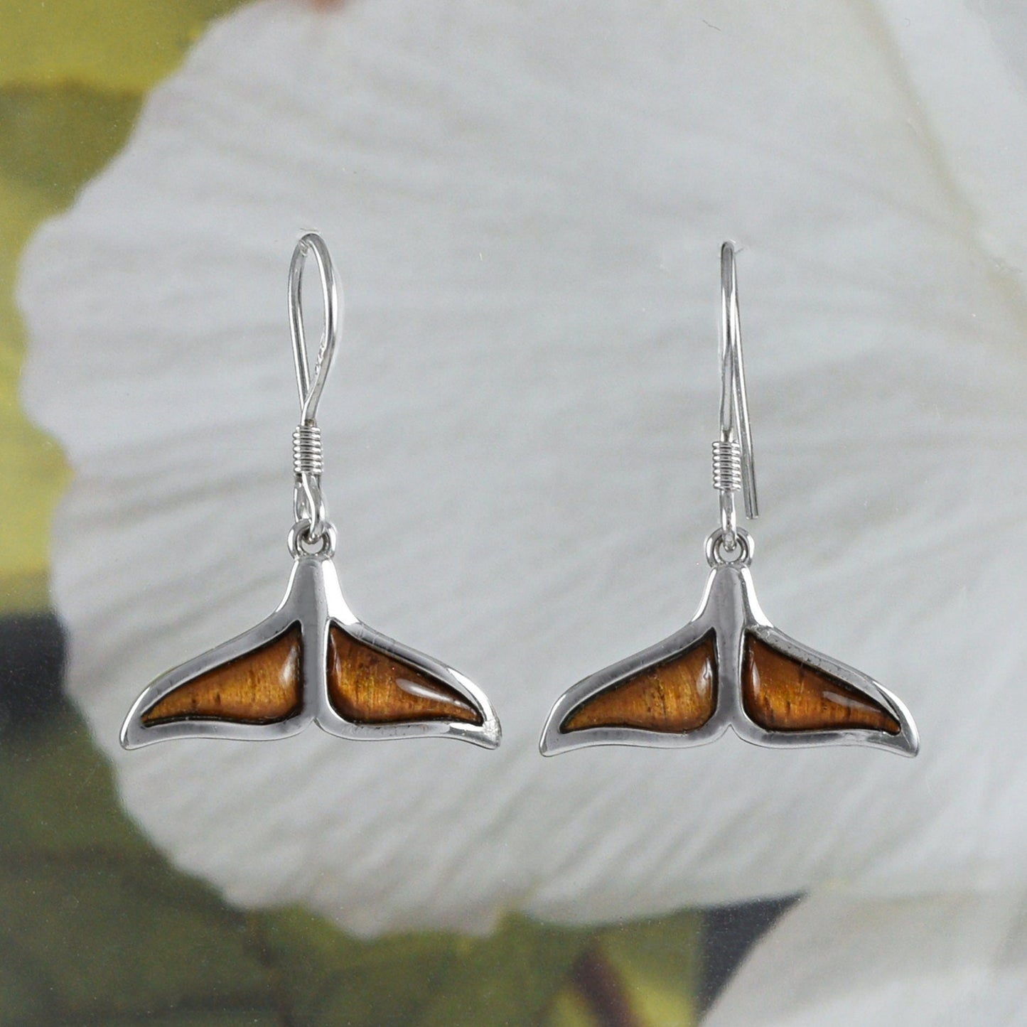 Hawaiian Large Genuine Koa Wood Whale Tail Earring, Sterling Silver Koa Wood Whale Tail Dangle Earring, E8426 Mother Wife Mom Gift