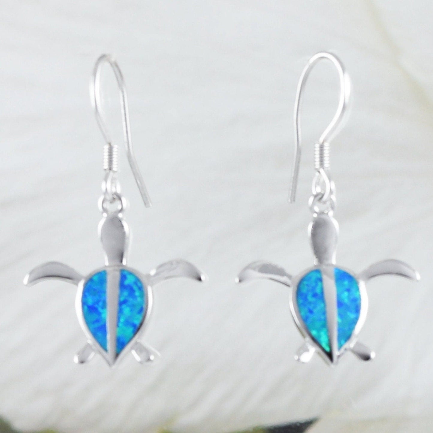 Hawaiian Blue Opal Sea Turtle Earrings, Sterling Silver Blue Opal Turtle Dangle Earrings, E8407 Mother Birthday Mom Gift