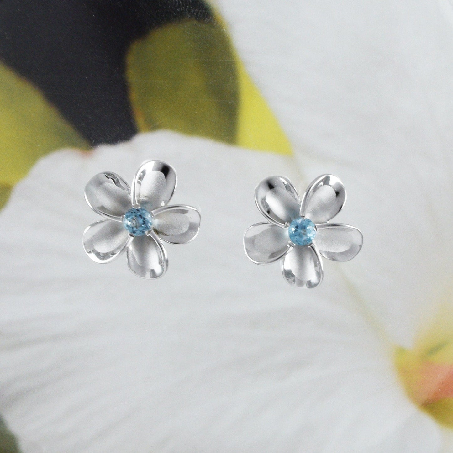 Hawaiian Genuine Blue Topaz Plumeria Earrings, Sterling Silver Plumeria Flower Stud Earrings, E8537 Birthday Wife Mom Mother Gift