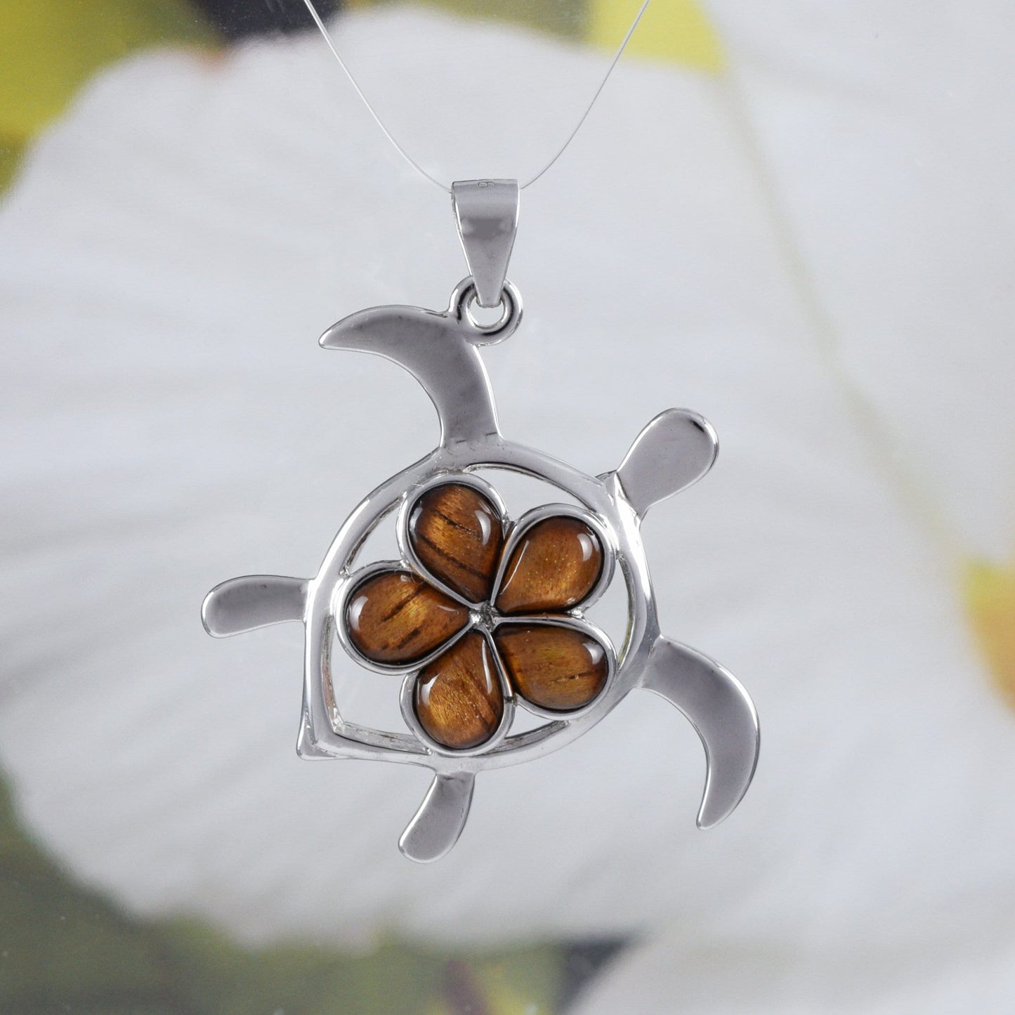 Hawaiian Large Genuine Koa Wood Sea Turtle Pendant, Sterling Silver Koa Wood Plumeria Turtle Pendant, N8506 Birthday Mom Gift