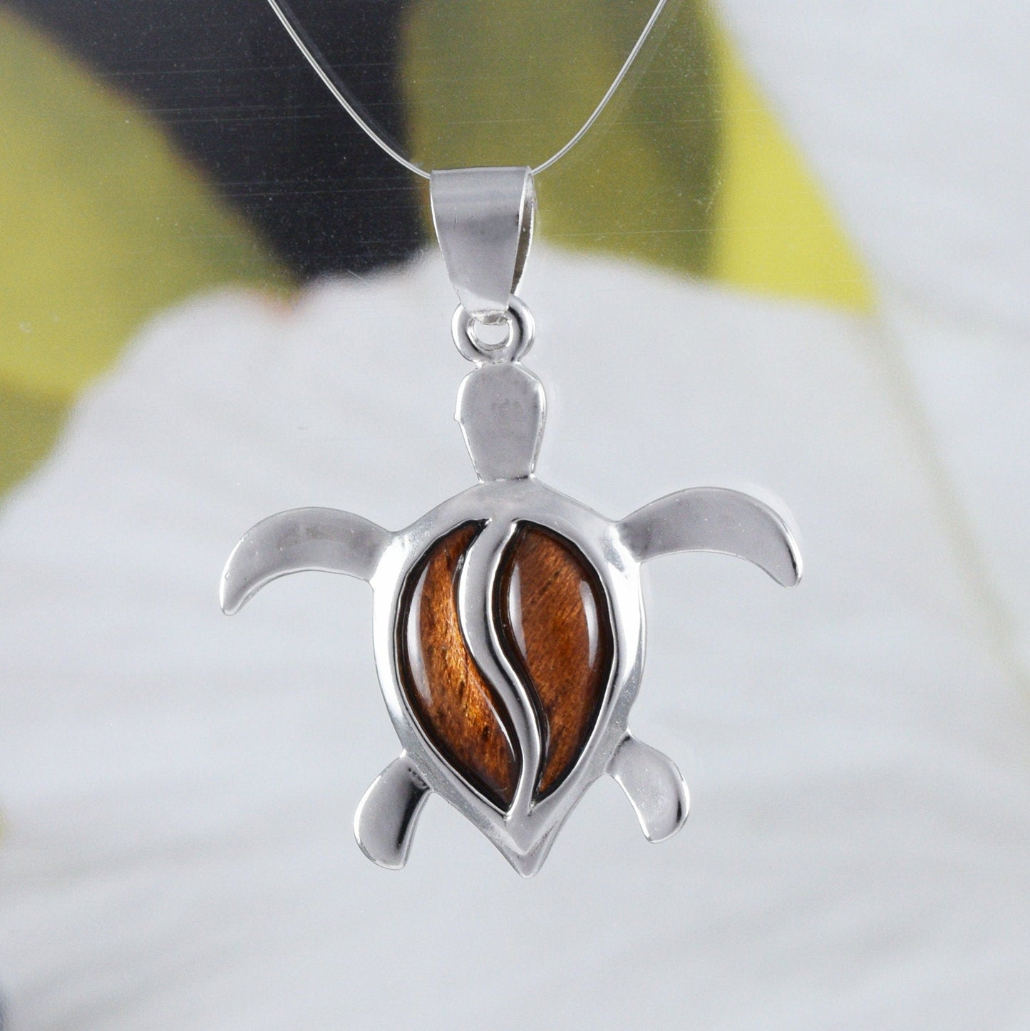 Hawaiian Genuine Koa Wood Sea Turtle Pendant, Sterling Silver Koa Wood Turtle Pendant, N8508 Birthday Mother Gift, Statement PC