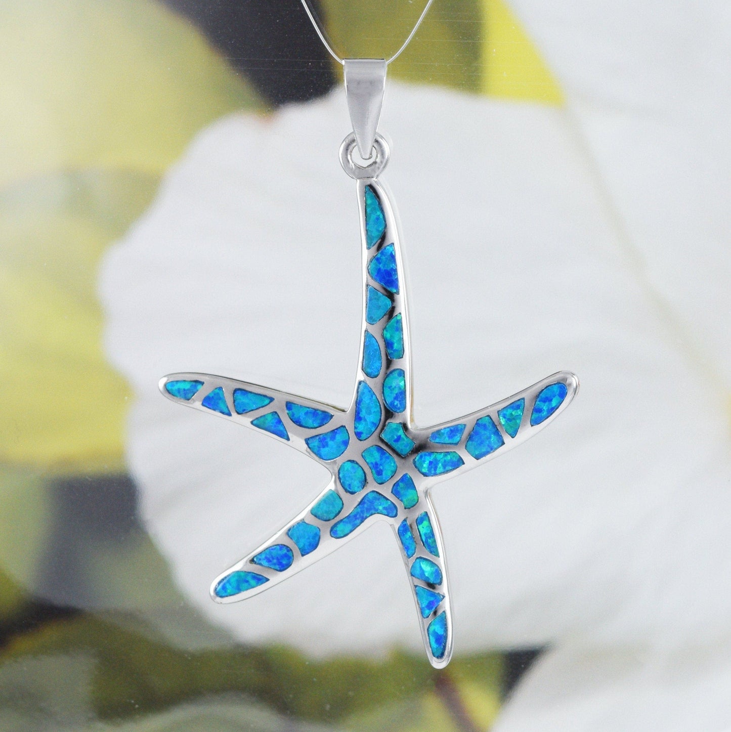 X-Large Hawaiian Blue Opal Starfish Pendant, Sterling Silver Blue Opal Star Fish Pendant, N8376 Birthday Mom Gift, Statement PC