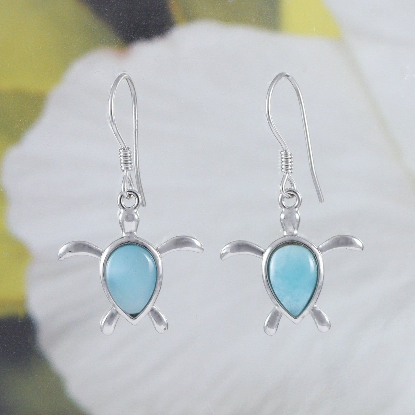 Hawaiian Genuine Larimar Sea Turtle Earrings, Sterling Silver Larimar Turtle Dangle Earrings, E8466 Birthday Wife Mom Mother Gift