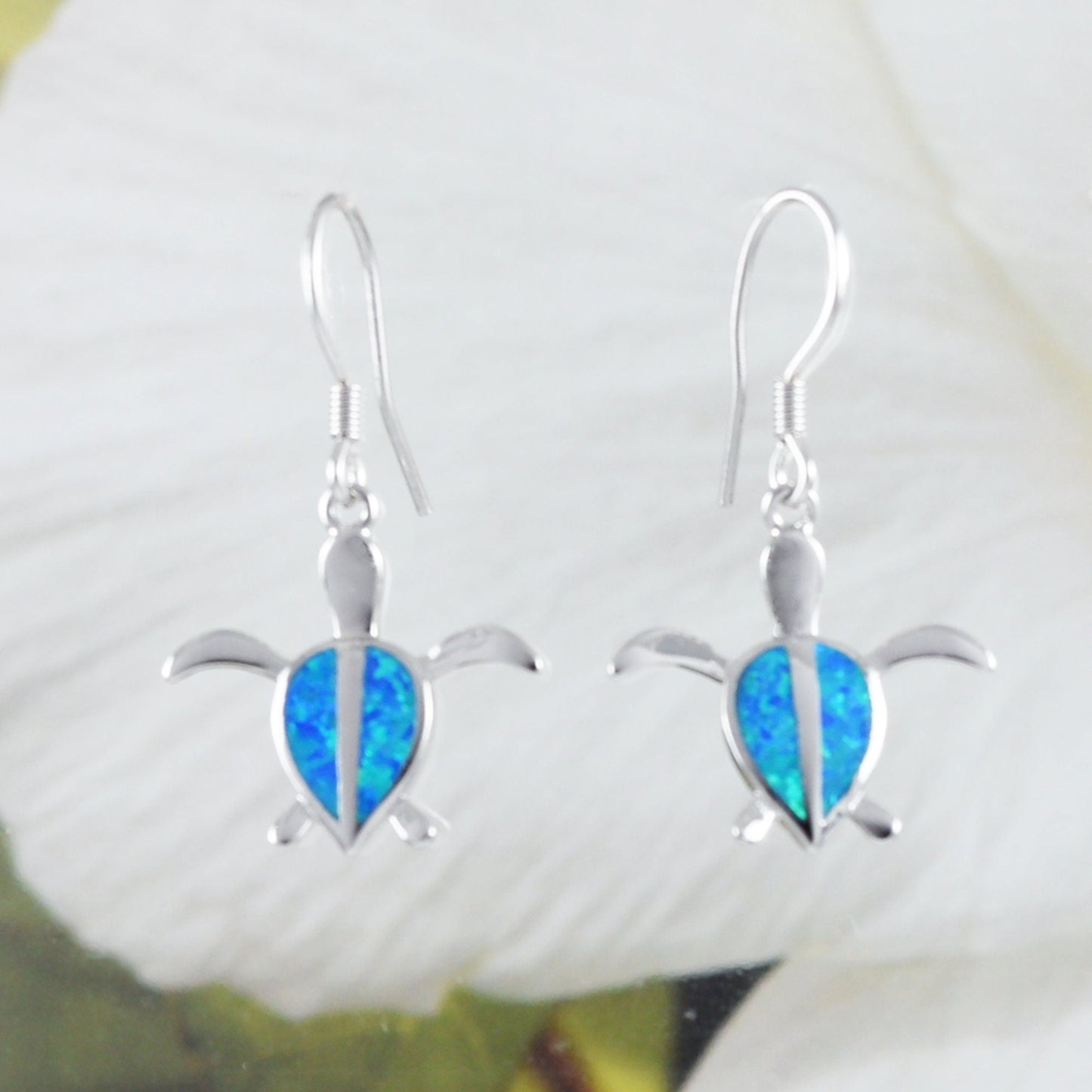 Hawaiian Blue Opal Sea Turtle Earrings, Sterling Silver Blue Opal Turtle Dangle Earrings, E8407 Mother Birthday Mom Gift