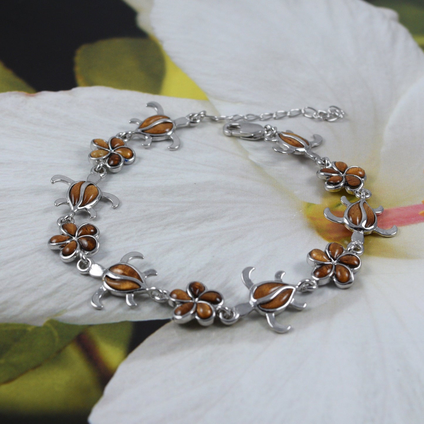 Beautiful Hawaiian Large Genuine Koa Wood Sea Turtle Plumeria Bracelet, Sterling Silver Koa Wood Turtle Bracelet, B3320 Birthday Mom Gift - Hawaii Treasures Shop