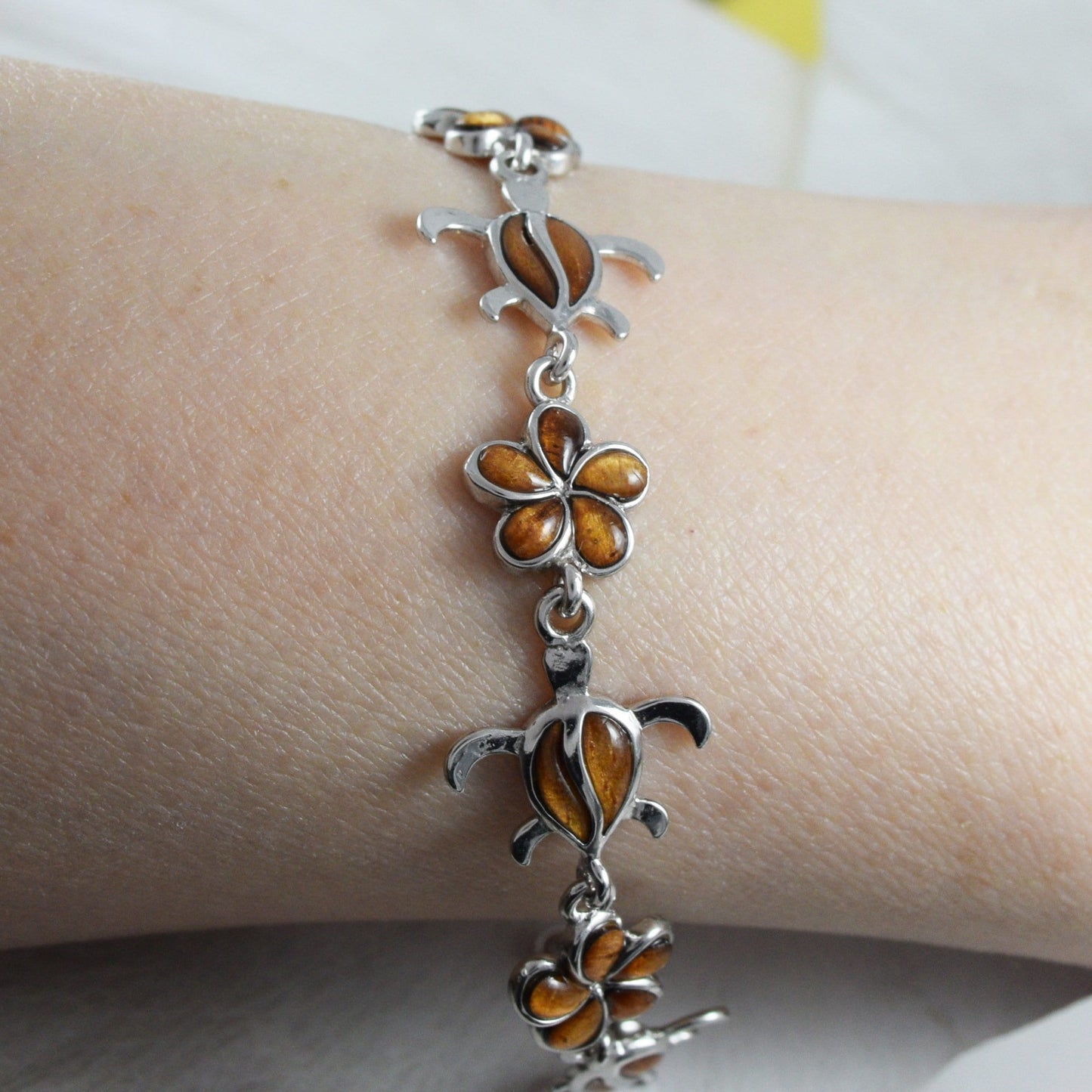 Beautiful Hawaiian Large Genuine Koa Wood Sea Turtle Plumeria Bracelet, Sterling Silver Koa Wood Turtle Bracelet, B3320 Birthday Mom Gift - Hawaii Treasures Shop