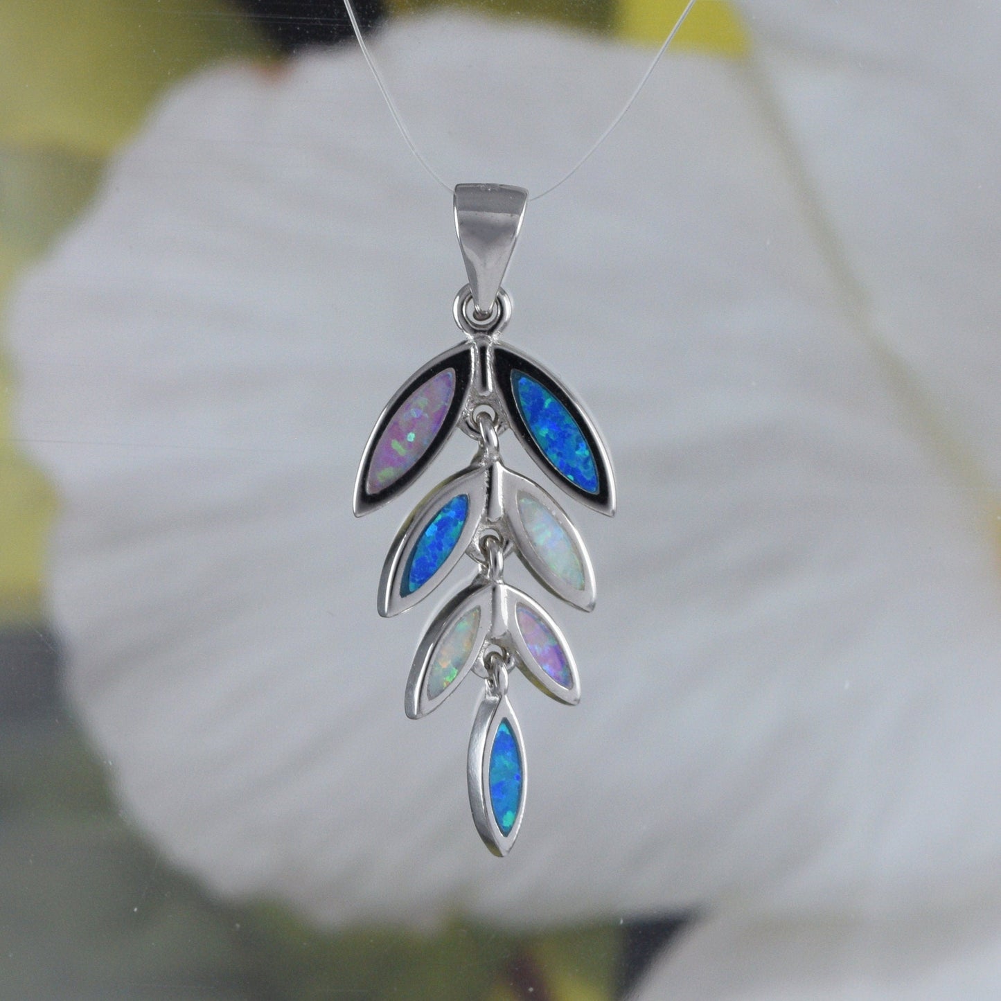 Hawaiian Tri-color Opal Maile Leaf Pendant, Sterling Silver Blue White Pink Opal Maile Leaf Pendant, N8838 Birthday Mom Gift
