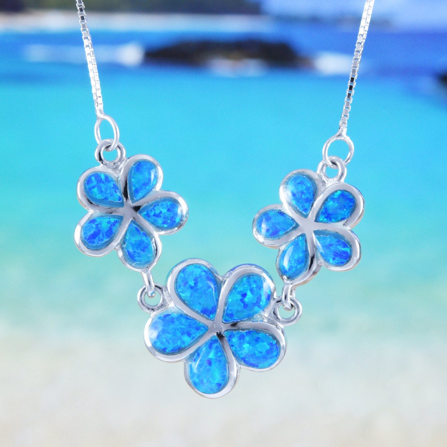 Hawaiian Large 3 Blue Opal Plumeria Necklace, Sterling Silver Blue Opal Inlay 3 Plumeria Necklace, Christmas Mom Birthday Gift