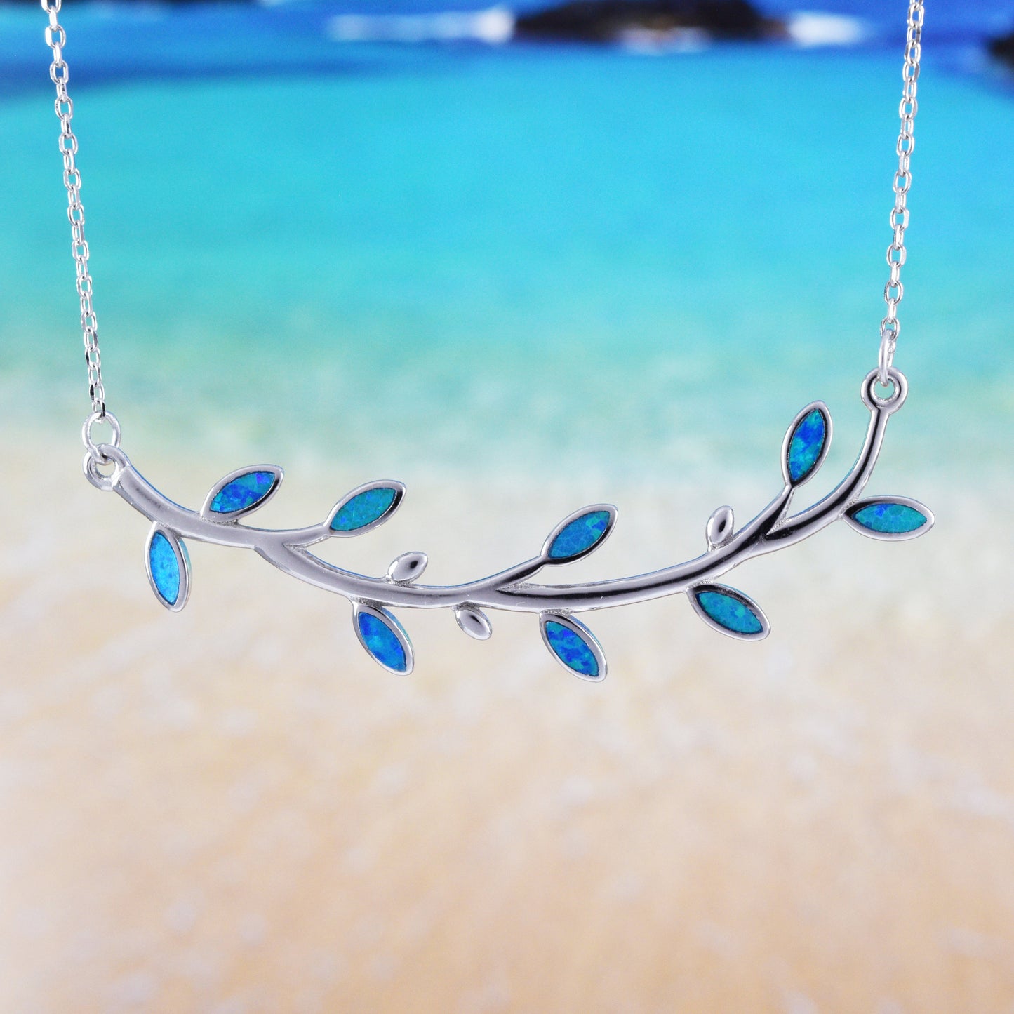 Hawaiian Blue Opal Maile Leaf Necklace, Sterling Silver Blue Opal Maile Leaf Necklace, Christmas Anniversary Birthday Mom Gift