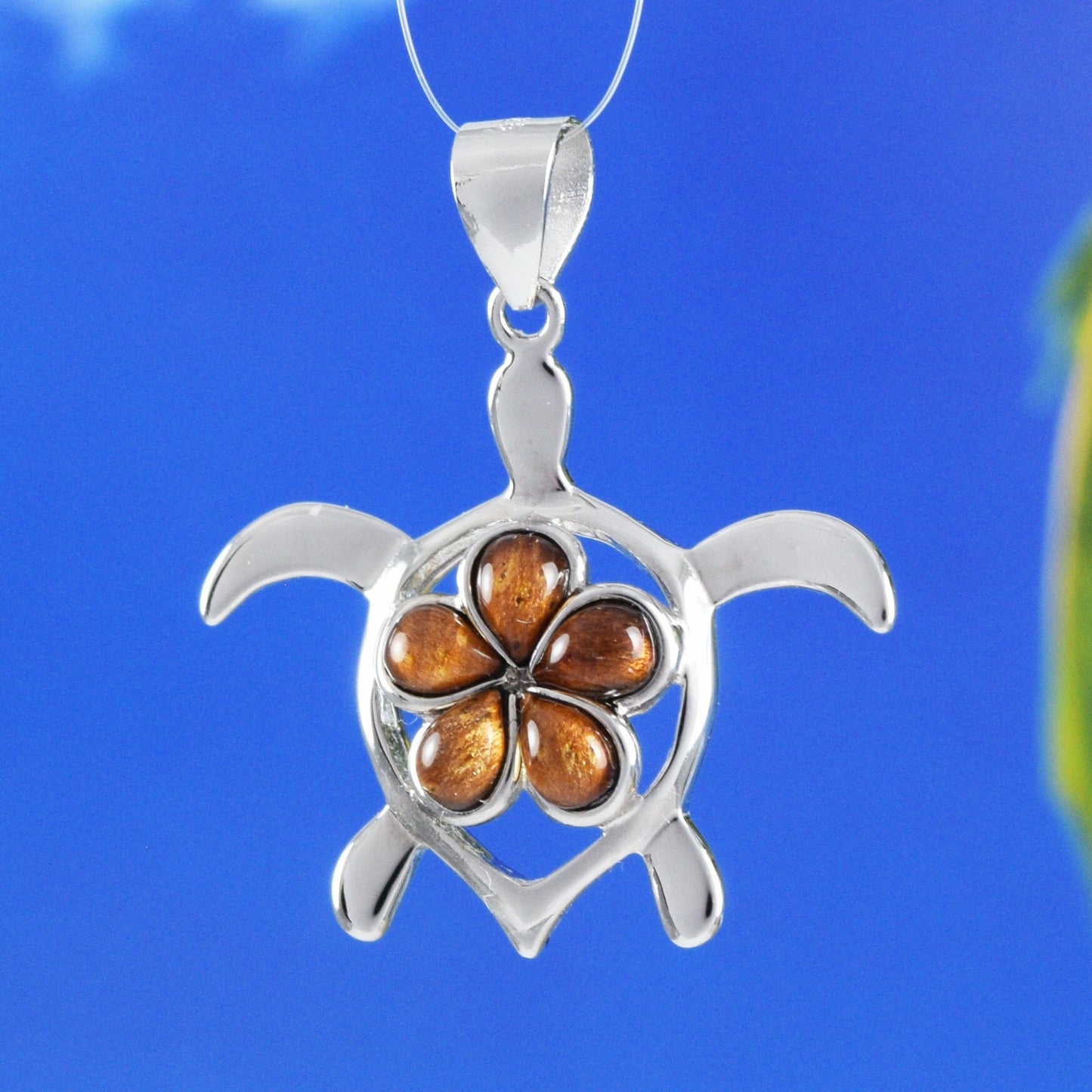 Hawaiian Large Genuine Koa Wood Plumeria Sea Turtle Pendant, Sterling Silver Koa Wood Inlay Sea Turtle Pendant, Christmas Birthday Gift