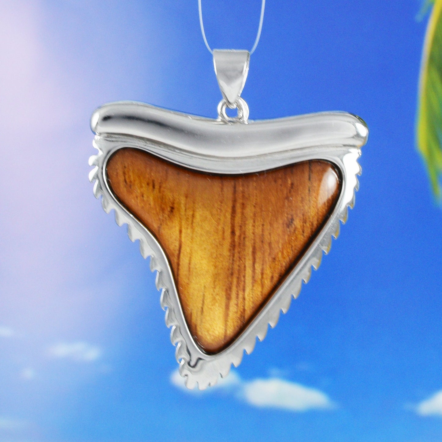 Hawaiian X-Large Genuine Koa Wood Shark Teeth Pendant, Sterling Silver Shark Teeth Pendant, Christmas Anniversary Mom Birthday Gift