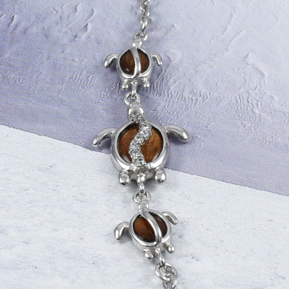 Adjustable Hawaiian Genuine Koa Wood Sea Turtle Ankle Bracelet, Sterling Silver Koa Wood Sea Turtle CZ Anklet, Christmas Birthday Mom Gift