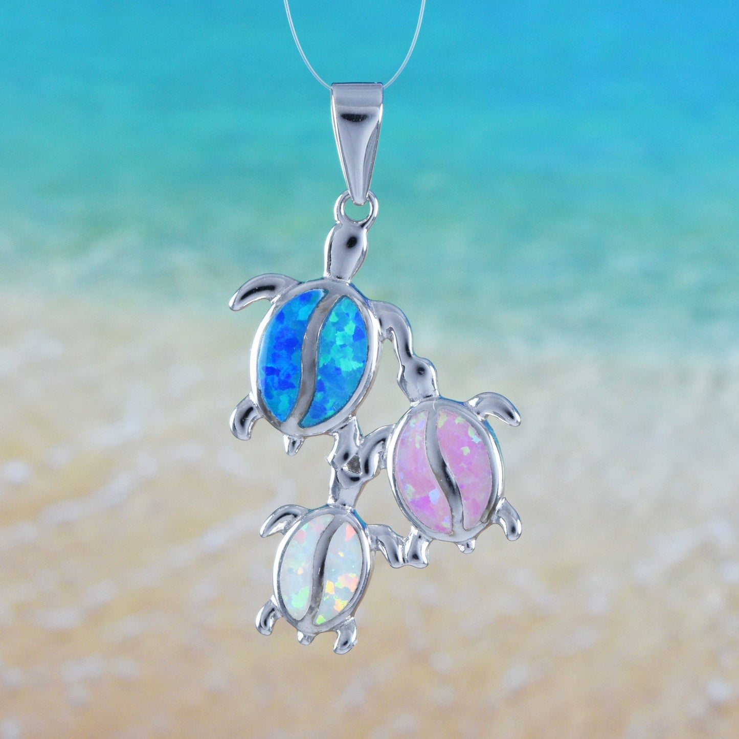Hawaiian Mom and 2 Small Blue Pink White Opal Sea Turtle Pendant, Sterling Silver Opal Sea Turtle Pendant, Christmas Birthday Mom Gift