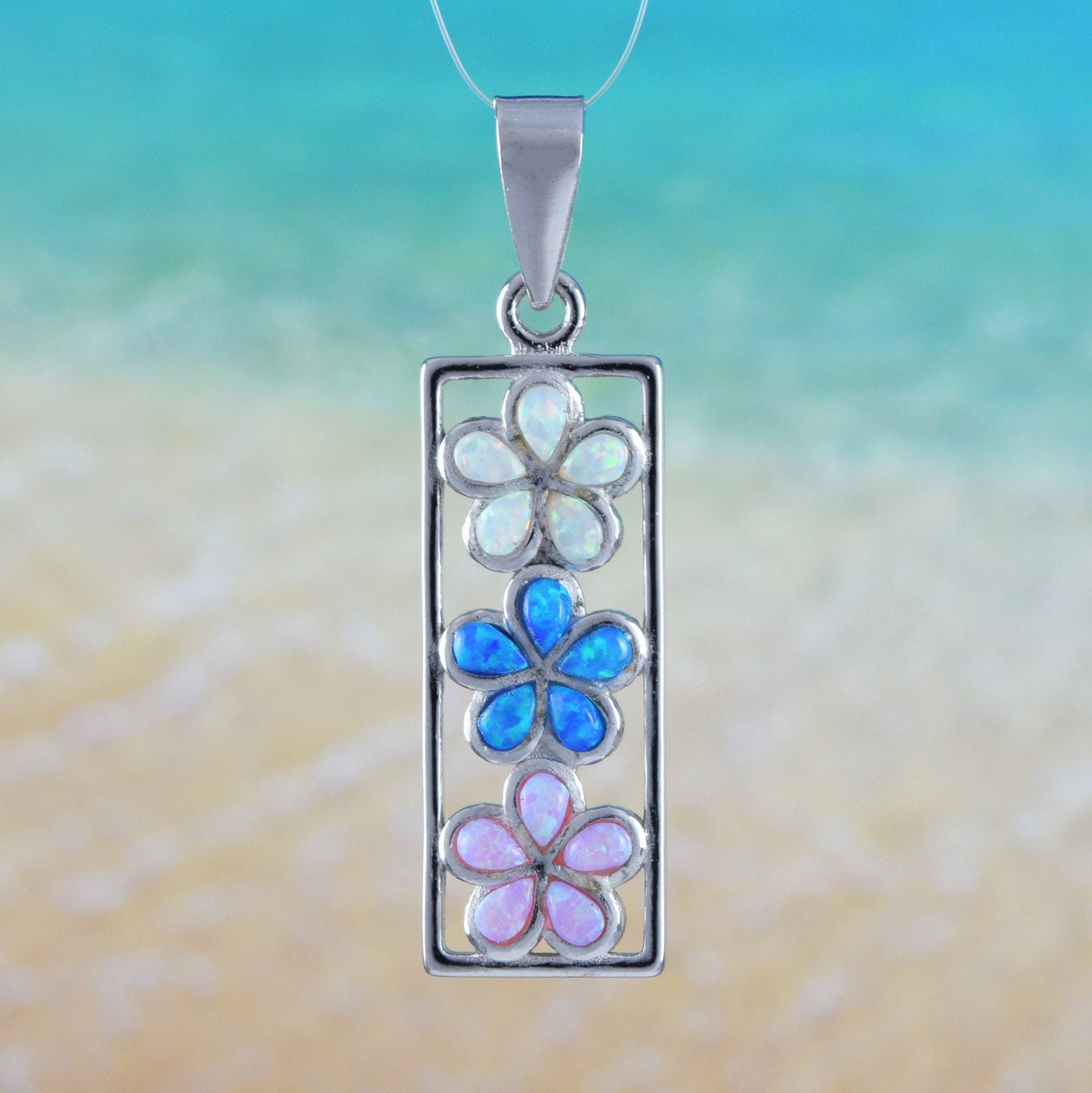 Hawaiian 3 Blue Pink White Opal Plumeria Pendant, Sterling Silver Opal Inlay 3 Plumeria Pendant, Christmas Mom Birthday Gift
