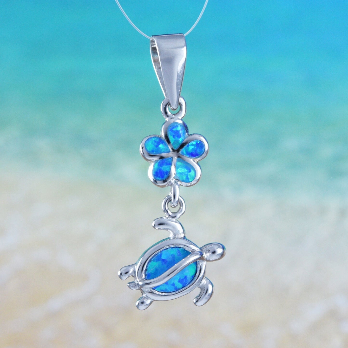 Hawaiian Blue Opal Plumeria Sea Turtle Pendant, Sterling Silver Turtle Plumeria Pendant, Christmas Mom Birthday Gift