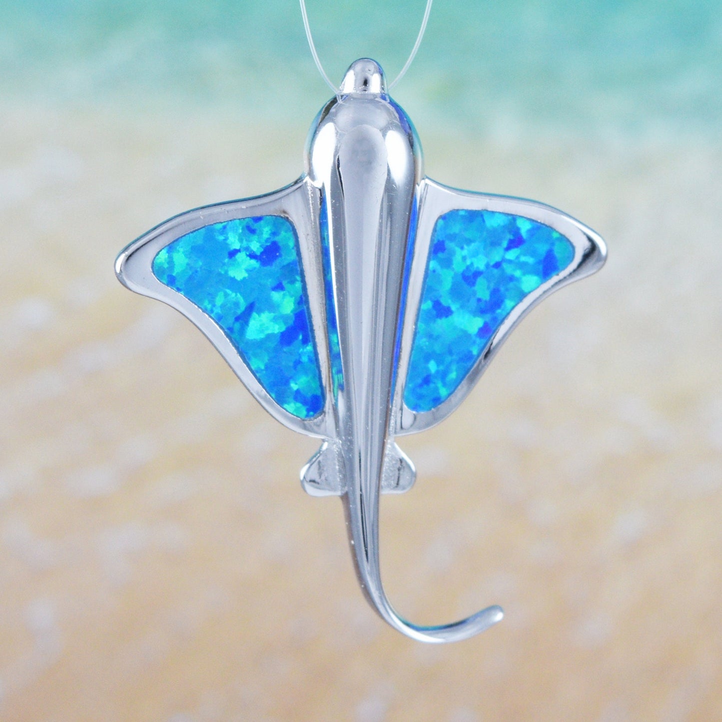 Hawaiian Blue Opal Stingray Pendant, Sterling Silver Blue Opal Sting Ray Pendant, Christmas Anniversary Birthday Gift