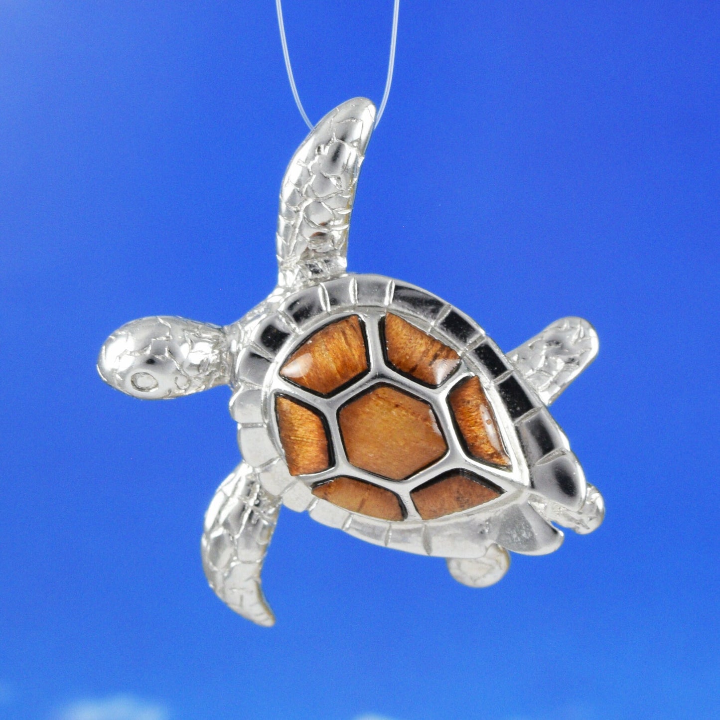 Hawaiian Large Genuine Koa Wood Sea Turtle Pendant, Sterling Silver Koa Wood Inlay Sea Turtle Pendant, Christmas Birthday Gift
