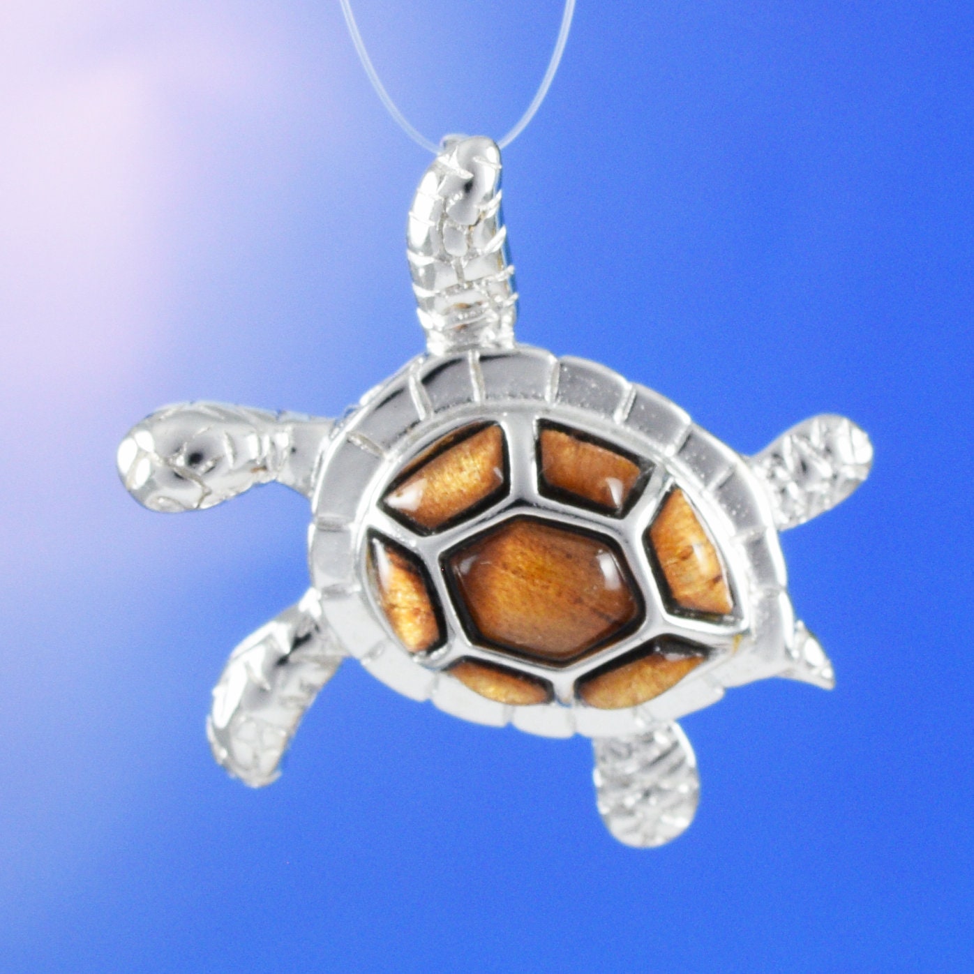 Hawaiian Genuine Koa Wood Sea Turtle Pendant, Sterling Silver Koa Wood Inlay Sea Turtle Pendant, Mom Christmas Birthday Gift