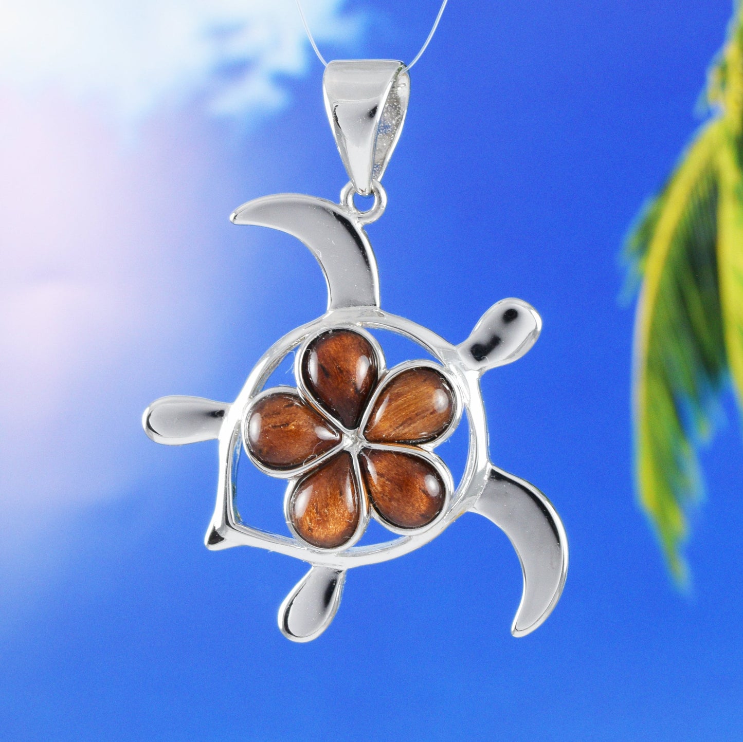 Hawaiian X-Large Genuine Koa Wood Plumeria Sea Turtle Pendant, Sterling Silver Koa Wood Inlay Sea Turtle Pendant, Christmas Birthday Gift