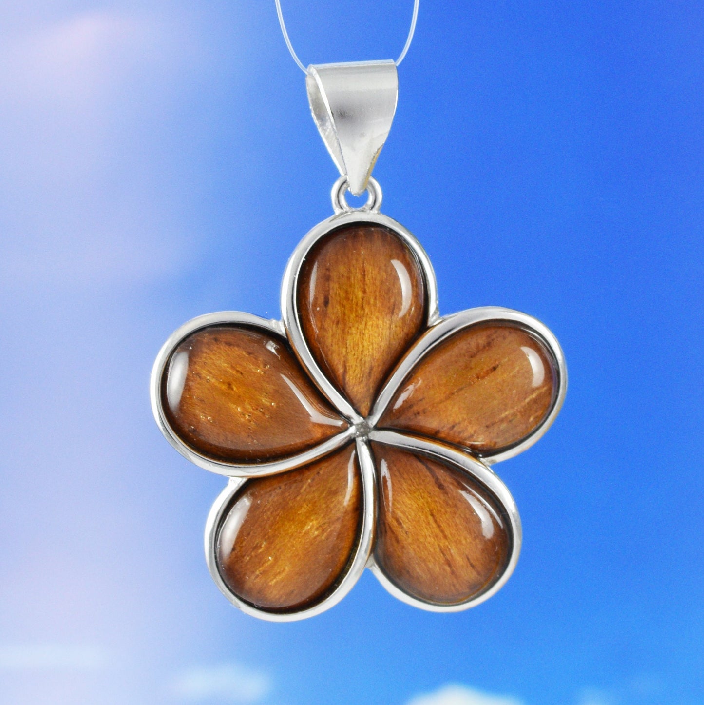 Hawaiian Large Genuine Koa Wood Plumeria Pendant, Sterling Silver Koa Wood Inlay Plumeria Pendant, Christmas Present, Birthday Mom Gift