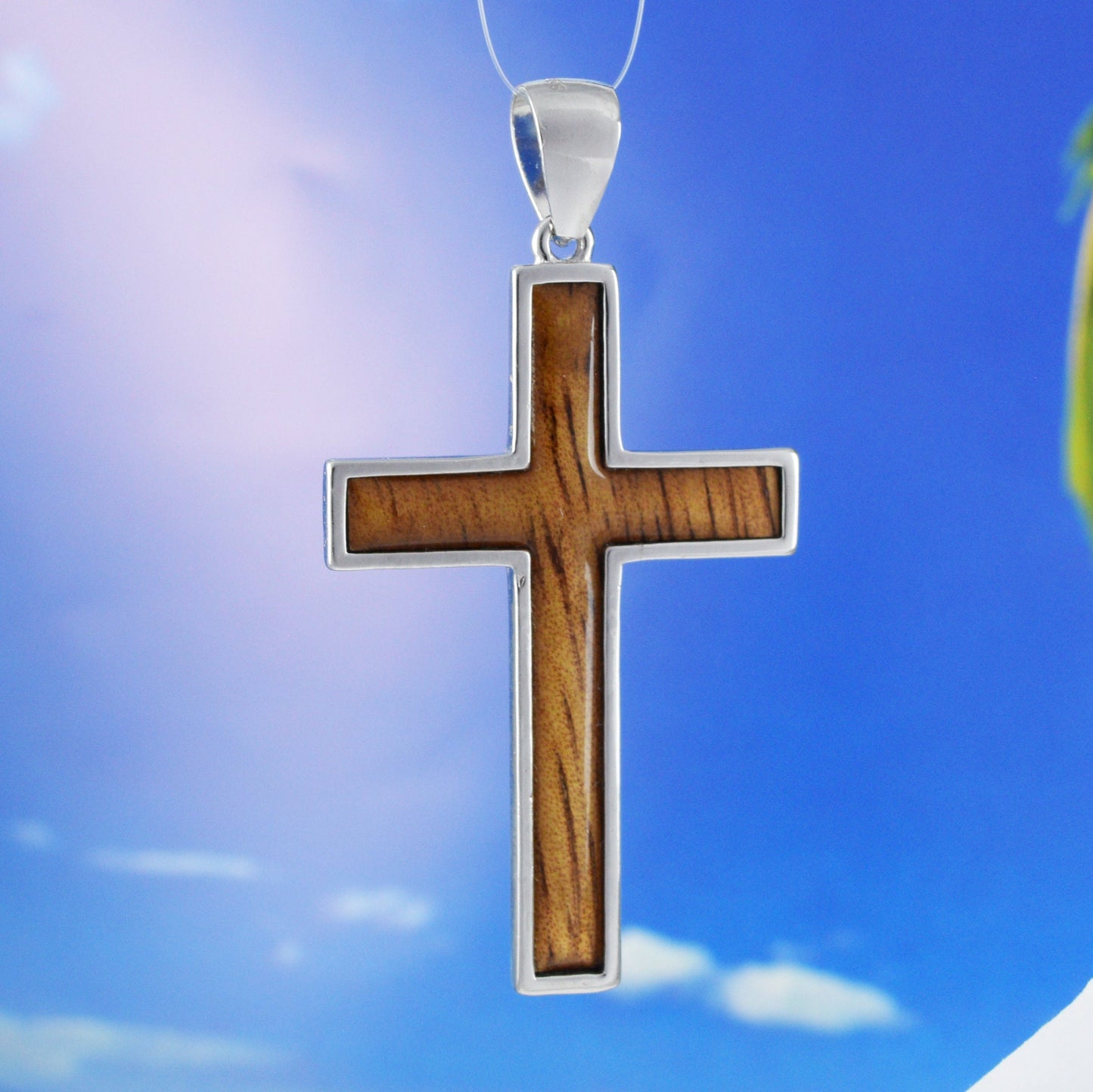 Hawaiian X-Large Genuine Koa Wood Cross Pendant, Sterling Silver Koa Wood Inlay Cross Pendant, Christmas Anniversary Birthday Gift