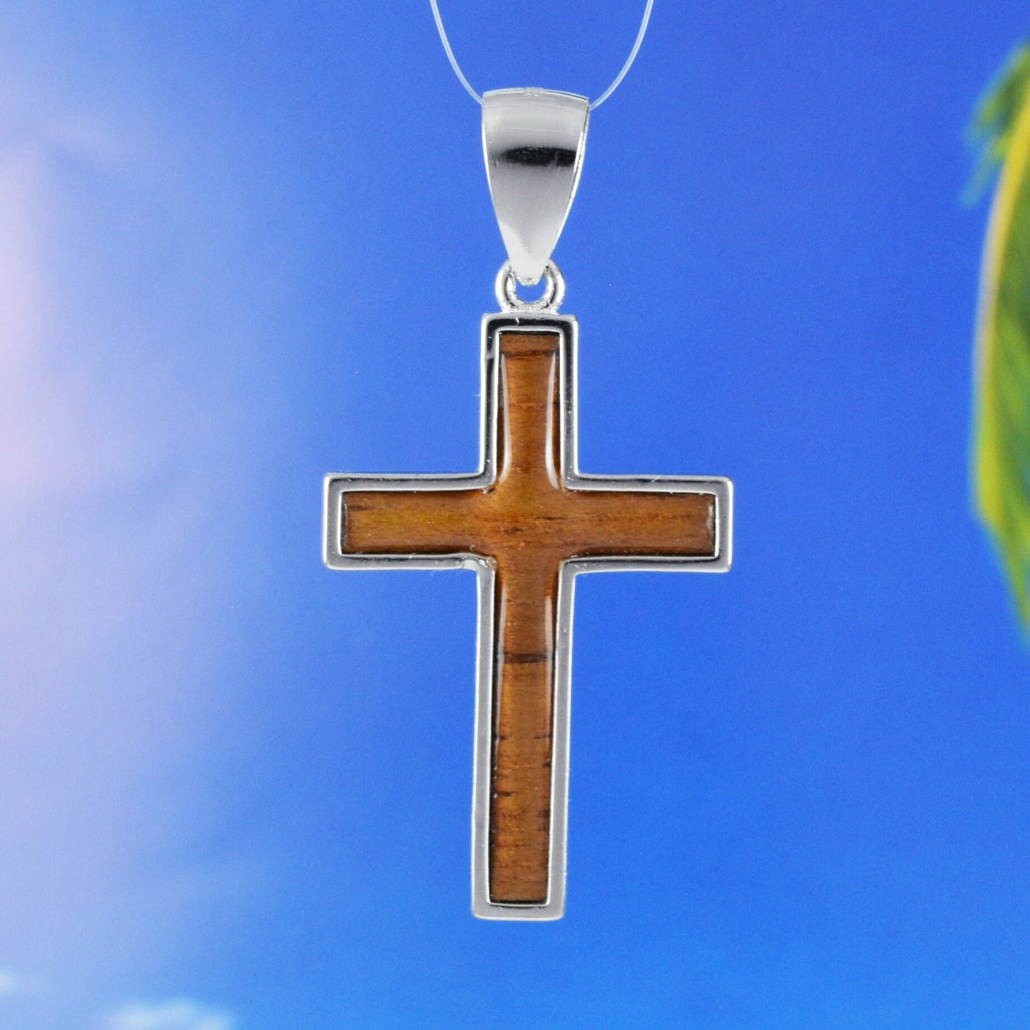 Hawaiian Large Genuine Koa Wood Cross Pendant, Sterling Silver Koa Wood Inlay Cross Pendant, Christmas Anniversary Birthday Gift