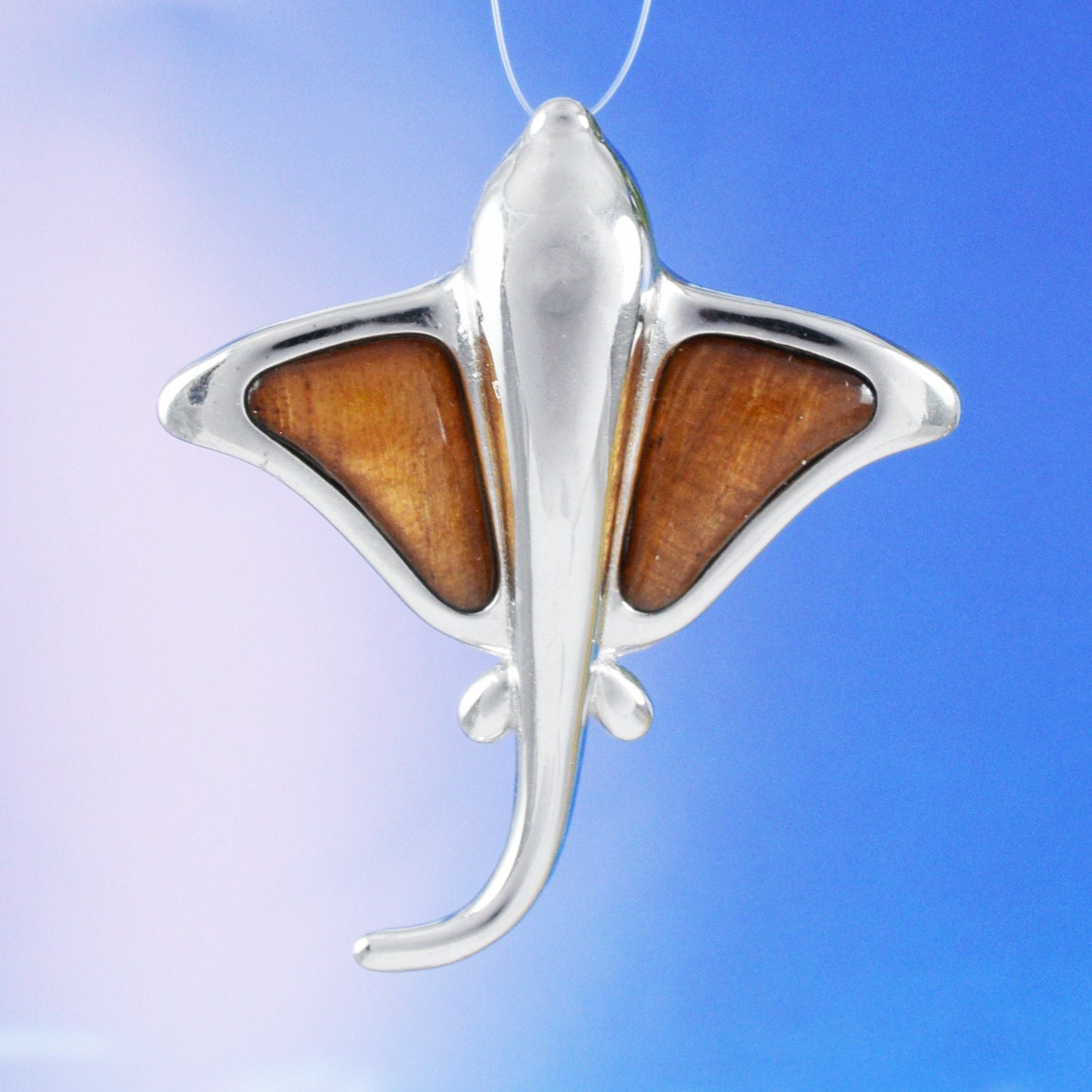 Hawaiian Genuine Koa Wood Stingray Pendant, Sterling Silver Koa Wood Sting Ray Pendant, Christmas Anniversary Birthday Gift