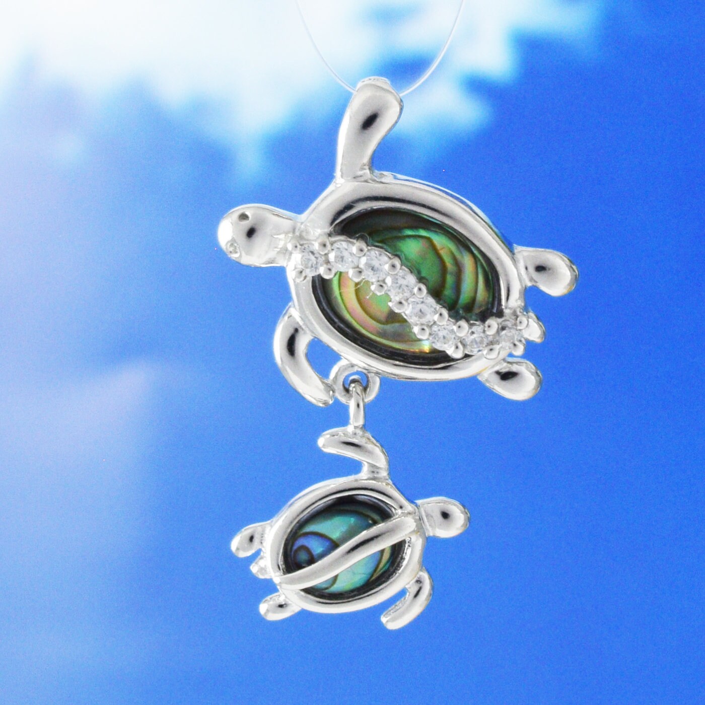 Hawaiian Genuine Paua Shell Mom & Small Sea Turtle Pendant, Sterling Silver Abalone MOP Sea Turtle CZ Pendant, Christmas Birthday Gift