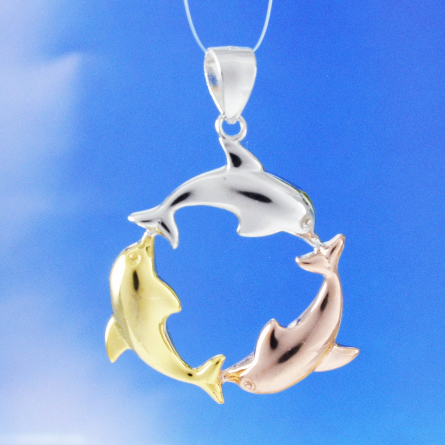 Hawaiian Tri-color 3 Dolphin Pendant, Sterling Silver 3-Tone Dolphin Charm Pendant, Christmas Anniversary Birthday Mom Gift