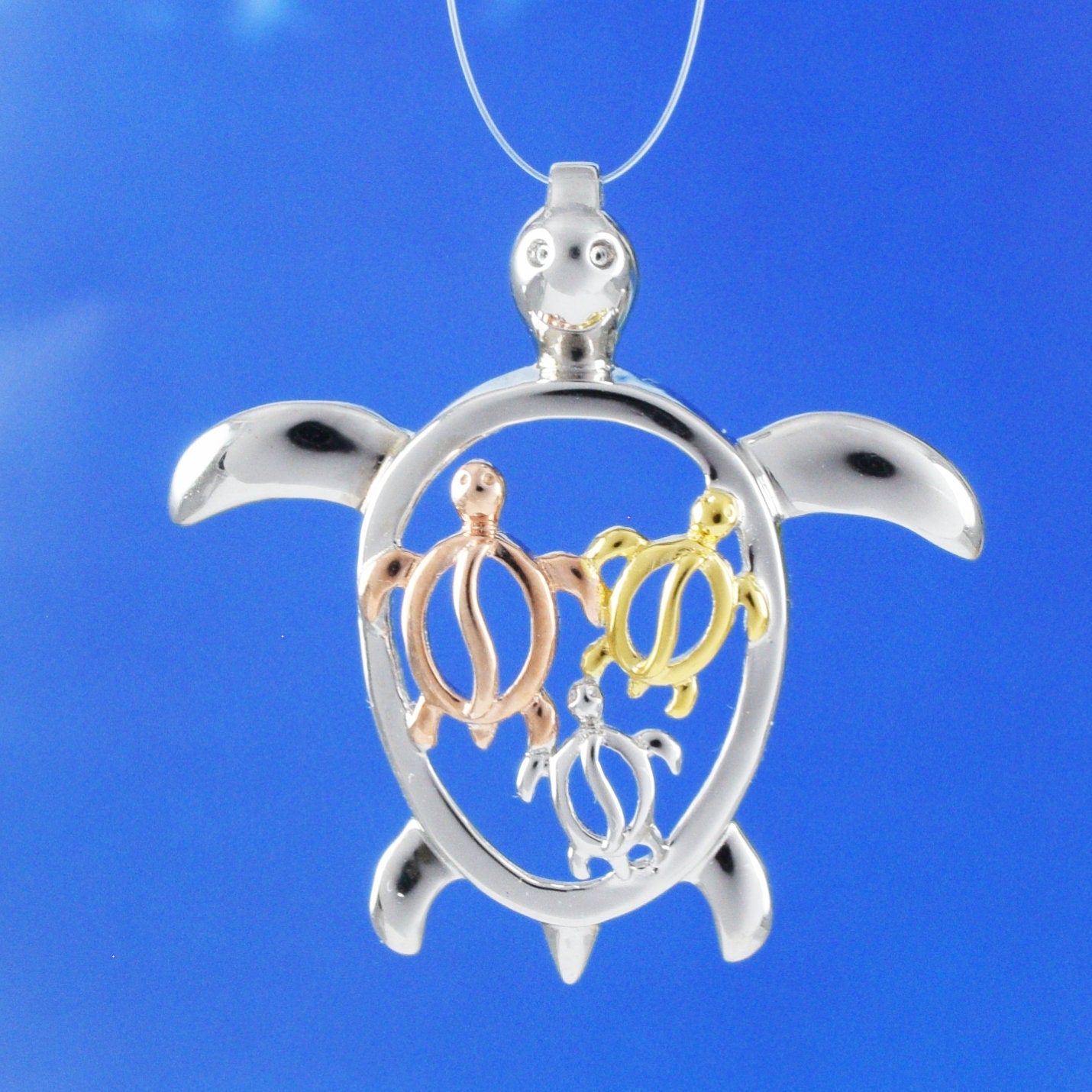 Hawaiian Tri-color Mom & 3 Small Sea Turtle Family Pendant, Sterling Silver Turtle Petroglyph Pendant, Christmas Anniversary Birthday Gift