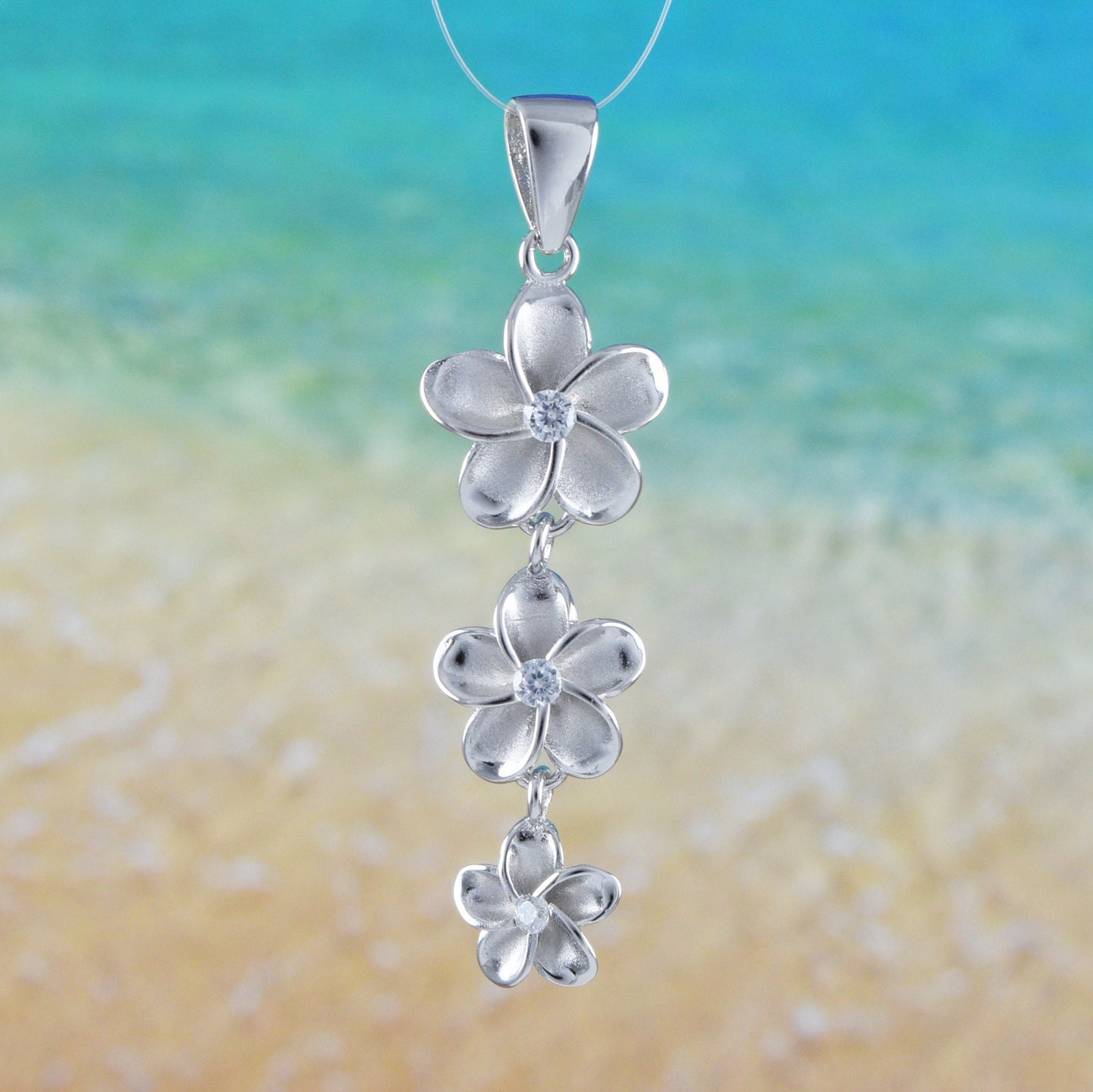 Hawaiian 3 Plumeria Pendant, Sterling Silver 3 Plumeria CZ Pendant, Hawaiian Jewelry, Christmas Anniversary Birthday Gift